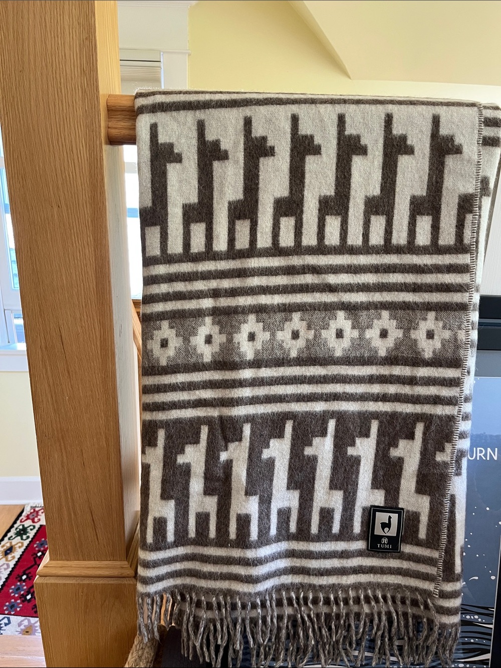 Tumi Alpaca Wool blend fringed woven throw brown llama 65”x53”
